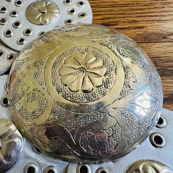 Vintage 80s Moroccan Leather Concho Belt Silver Metallic Boho Western Handcraft main image 5